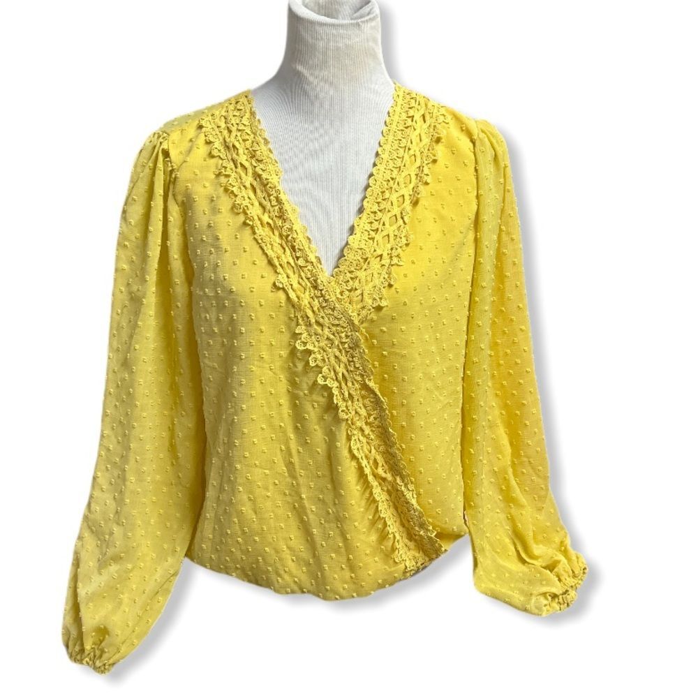 SHEIN Yellow Eyelet Lace Swiss Dot Mock Wrap Top Boho Fairy Whimsy Peasant XL